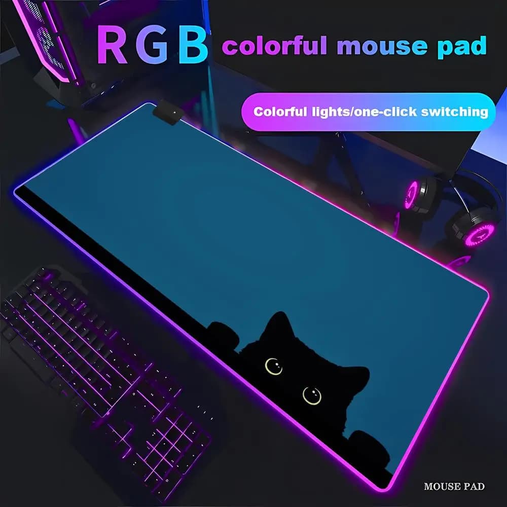 HYBXAXC Tappetino per Mouse con Stampa Gatto Nero Curioso, Antiscivolo, Base in Gomma Spessa per Gaming e Ufficio, Grande Luce LED RGB HD