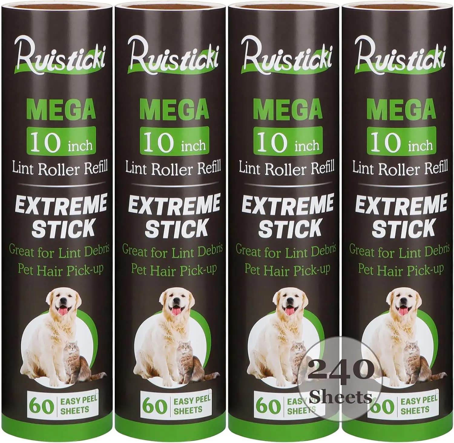 Ricarica per Rullo Leva-Pelucchi da 10 Pollici, 4 Confezioni da 60 Fogli, Totale 240 Fogli Extra Adesivi per Peli di Animali, Pelucchi, Polvere