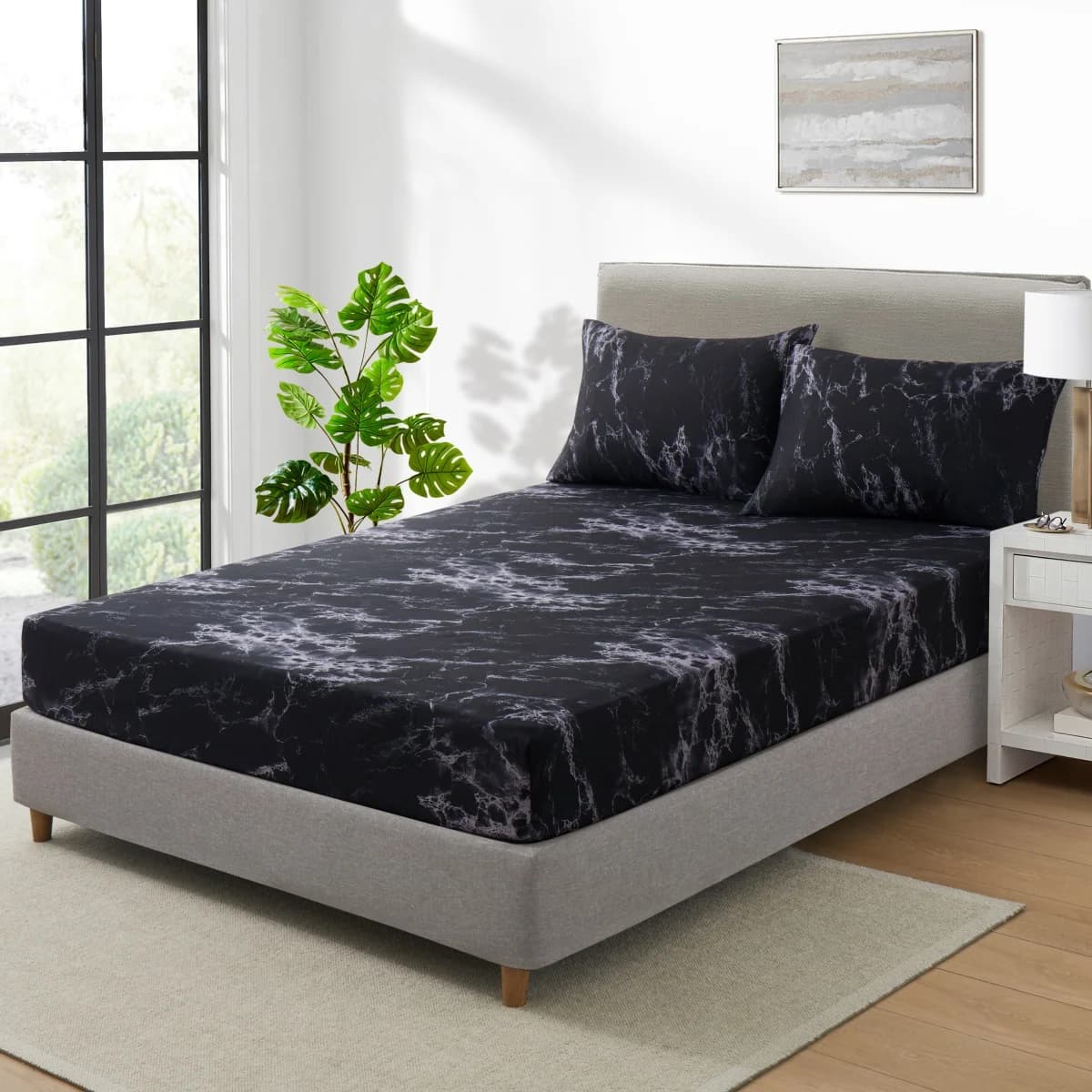 Black marble sheet, super soft microfiber sheet 3 pieces, marble sheet set included 1 sheet + 2 pillowcase, 13 inch deep