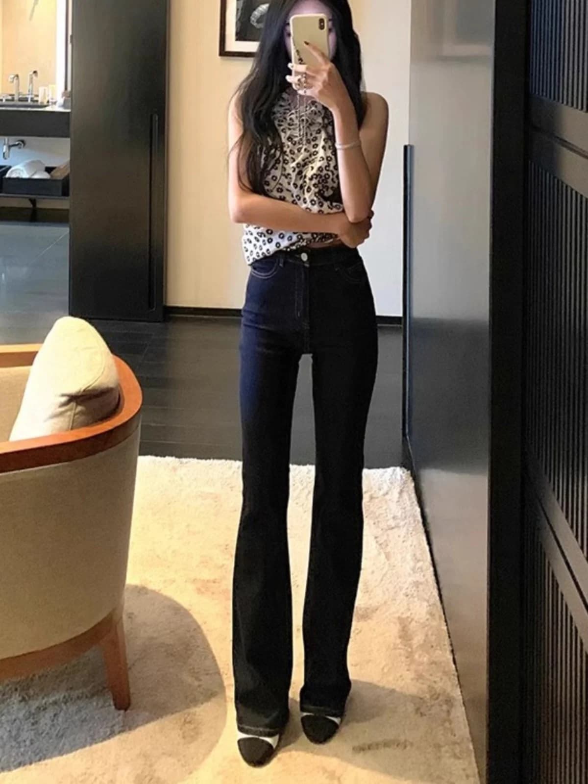 Deep Blue High Waist Denim Jeans Women's Fall Winter New Style Slim Fit Body Shaping Butt Covering Micro Flare Pants