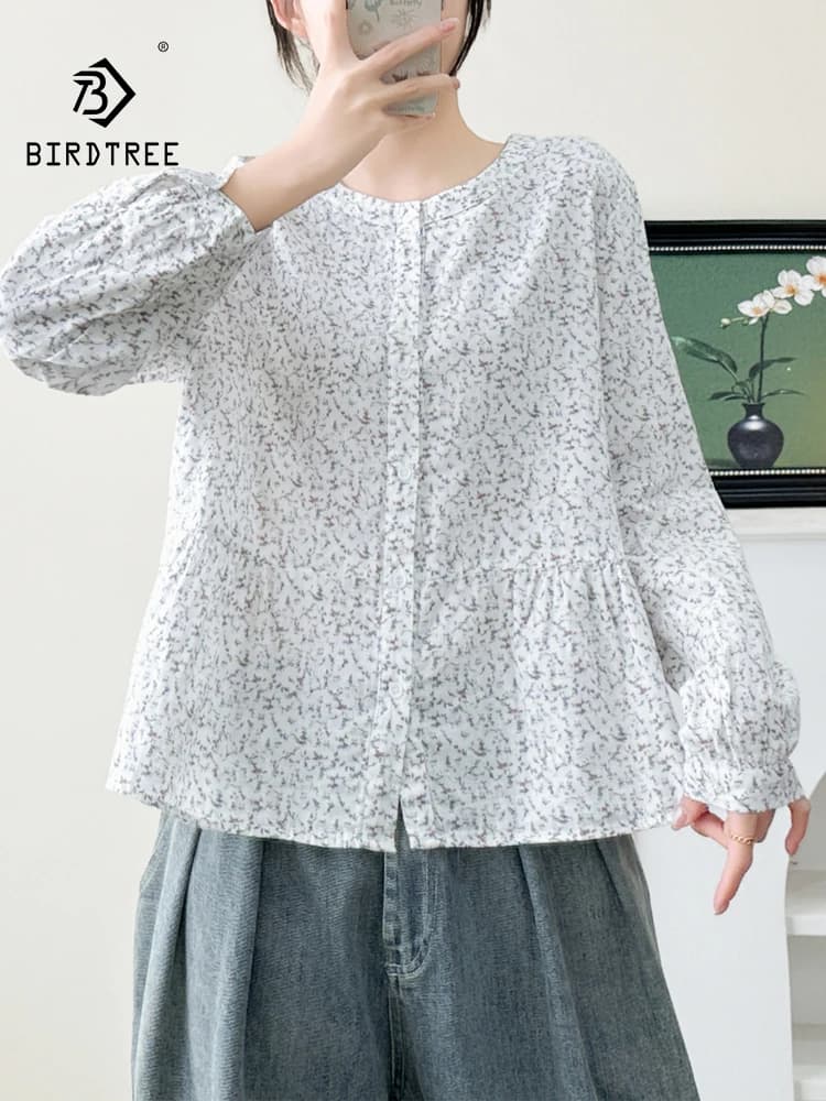 Nuova Camicia Primaverile 2026 da Donna in Cotone a Maniche Lunghe, Stampa Floreale, Stile Mori Girl, Blusa Larga Effetto Ringiovanente T61750CC