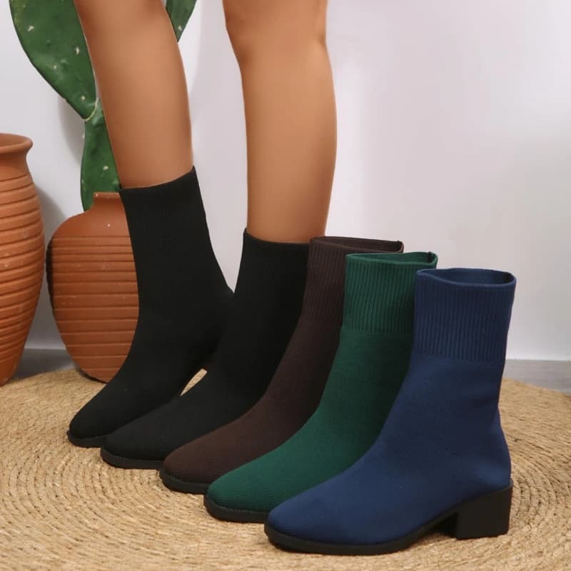 Large size slim women's mid heeled short boots spring autumn knitted women's single boots pointed toe thick heels women's shoes