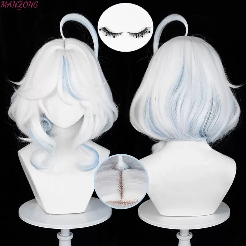 Parrucca corta Furina Parrucca cosplay Focalors Parrucca corta argento bianco blu Cosplay Parrucche cosplay anime sintetiche resistenti al calore + cappuccio per parrucca