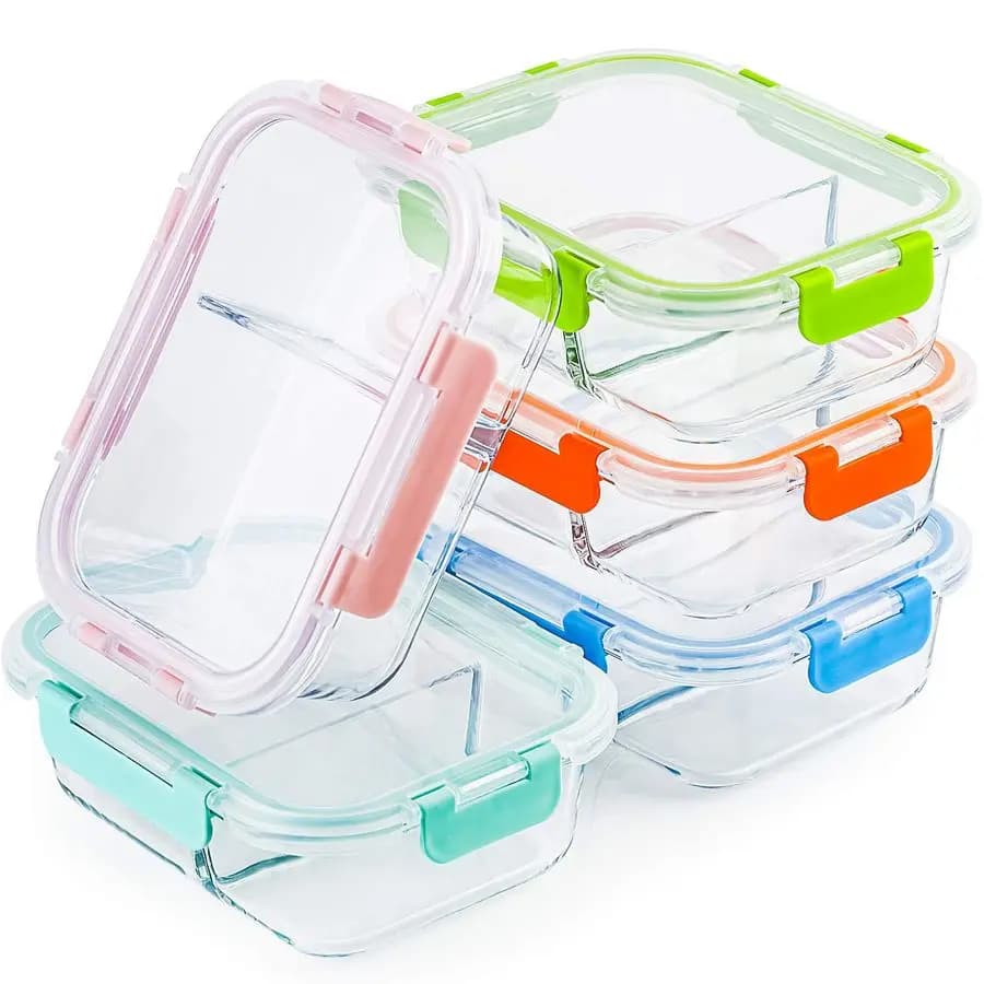 Contenitori in Vetro per Pasti con 2 Scomparti, Set da 5, 1000ml, Scatole Bento Divise con Coperchi per Adulti