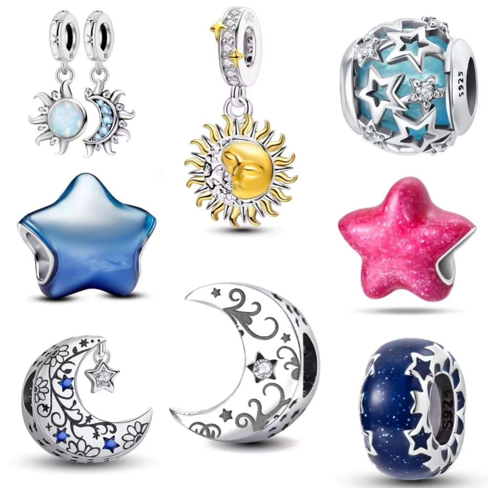 Shining Zircon Sun Charm 925 Silver Bead Blue Series Stars Moon Pendant Fit Original Bracelet Women DIY Jewelry Accessories Gift