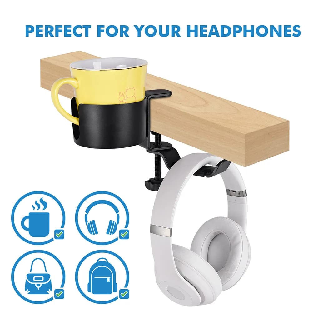 Multipurpose Desk Edge Headphone Hanger and Cup Holder Adjustable Clip for Headset Stand Gaming Setup Stable Aluminum Alloy