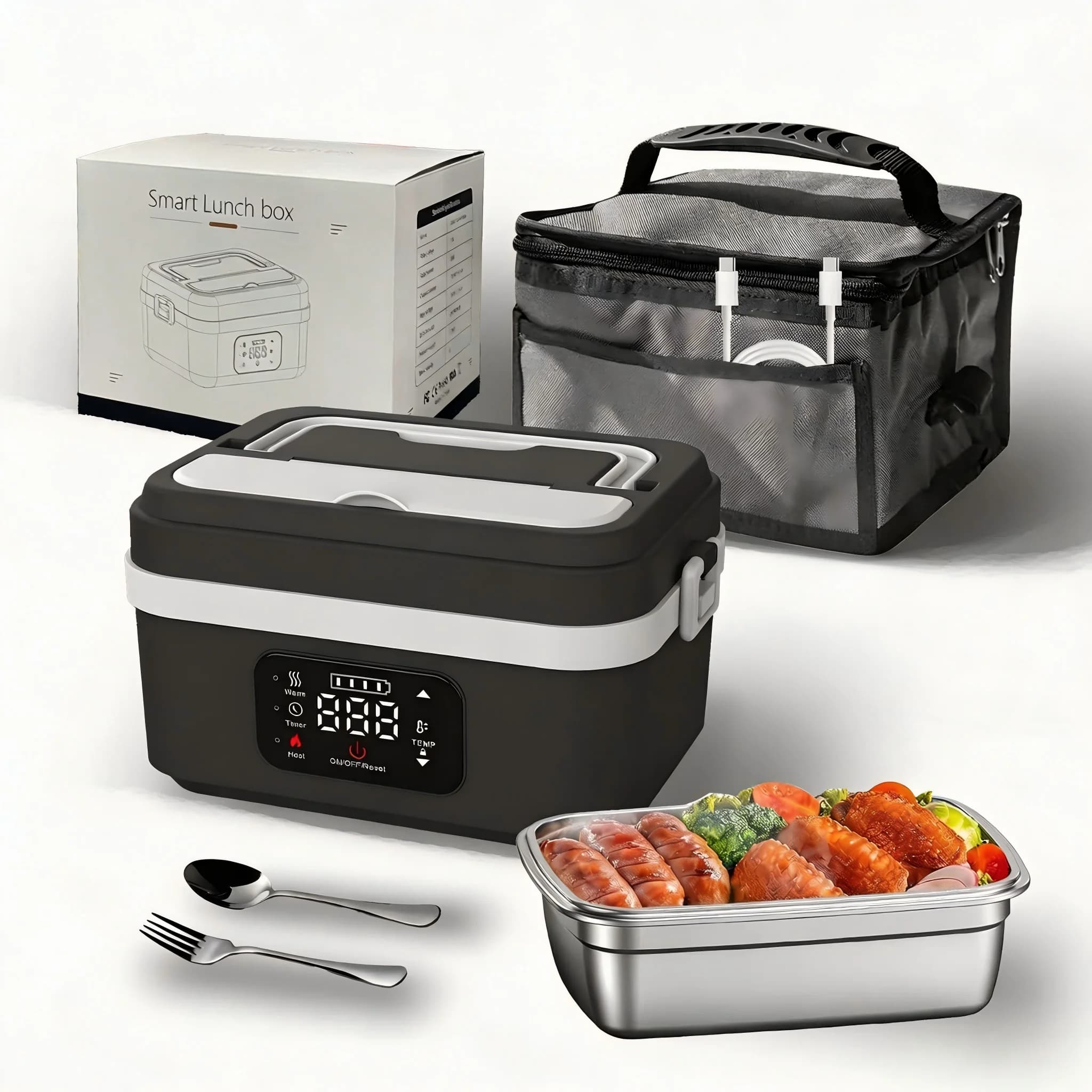 Wireless Heated Lunch Box, 60W Fast Heating 8000mAh Rechargeable Electric Lunch Box, 1L Stainless Steel Portable Food Warmer for Office Work School