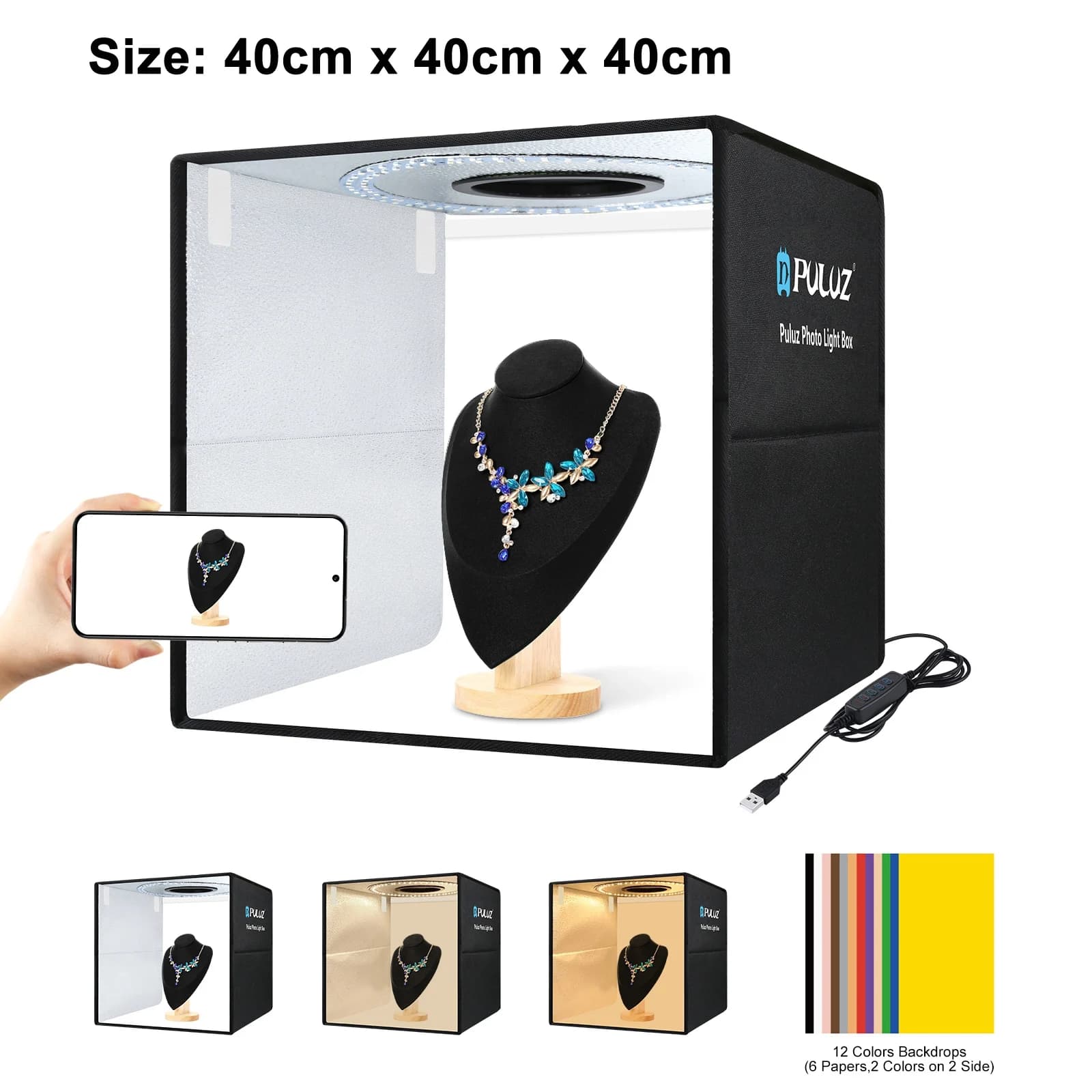PULUZ Photo Frame Portable Folding 40cm with USB Ring Light and 6 Bicolor Backgrounds
