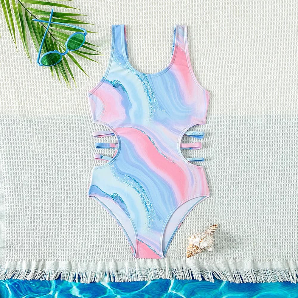 Nuovo design per bambini Costume intero con stampa tie-dye per ragazze adolescenti Costumi da bagno blu Costumi da bagno 5-15 anni