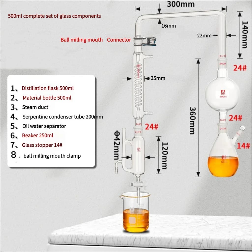 Dispositivo per l'estrazione della distillazione dell'olio essenziale da 500 ml Attrezzatura per la distillazione dell'idrosol Condensatore Graham