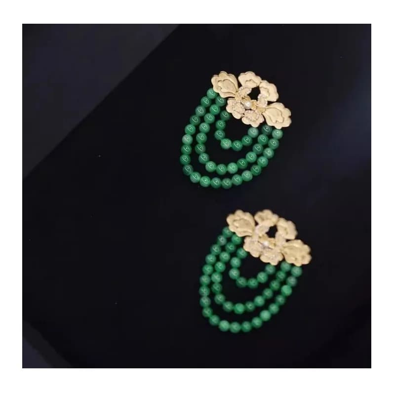 Three Circles Emerald Ruyi Peony Flower Yellow Gold Stud Earrings Guochao Light Luxury Retro Imitation Agate Hanfu Cheongsam Ear