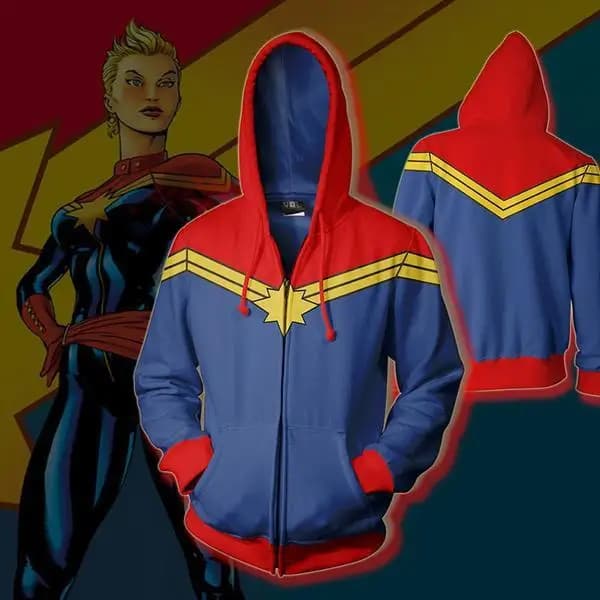 Giacca sportiva con cappuccio e cerniera stampata in 3D Marvel Captain Marvel COS Anime