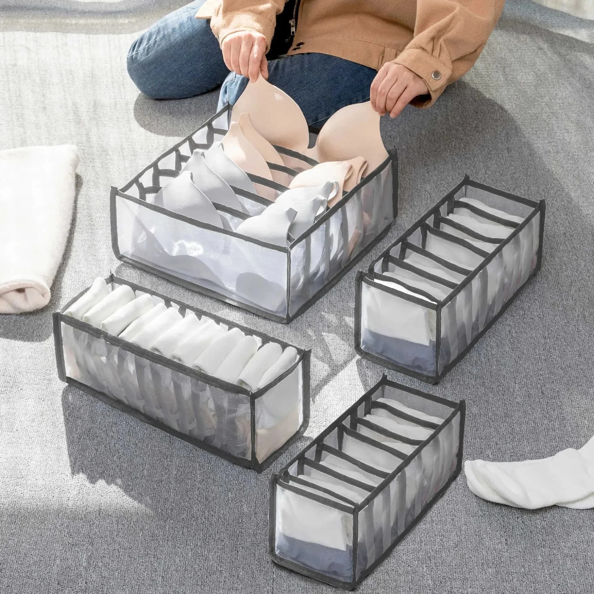 Set di 3 Scatole Organizzatrici per Reggiseni e Calzini, Contenitori da Viaggio per Biancheria Intima, Organizzatori per Sciarpe, per Armadio e Guardaroba