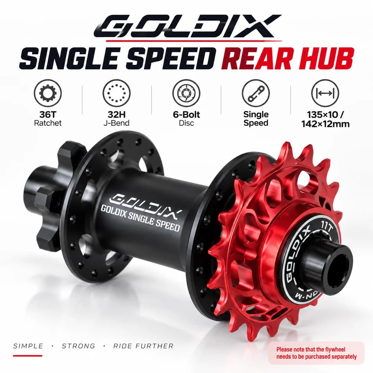 GOLDIX Dirt Jump Single Speed Rear Hub 32H 36T Ratchet CNC Aluminum Alloy 135x10 142x12 J-Bend SS Bearing Pump Track MTB Bicycle