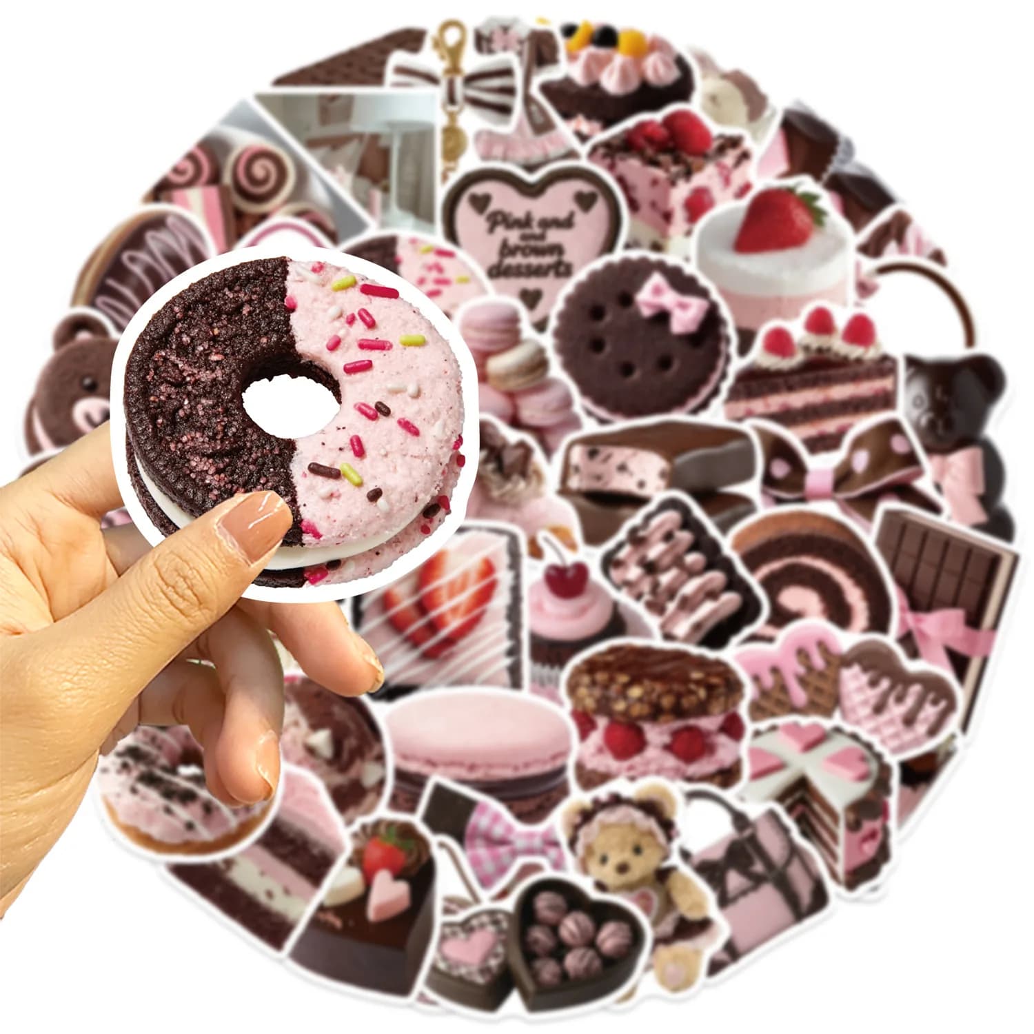 50 PCS Ins Style Cartoon Pink Brown Dessert Food Stickers Decorate Fridge Cabinet Lunch Box Water Cup Phone Case Removable Decal