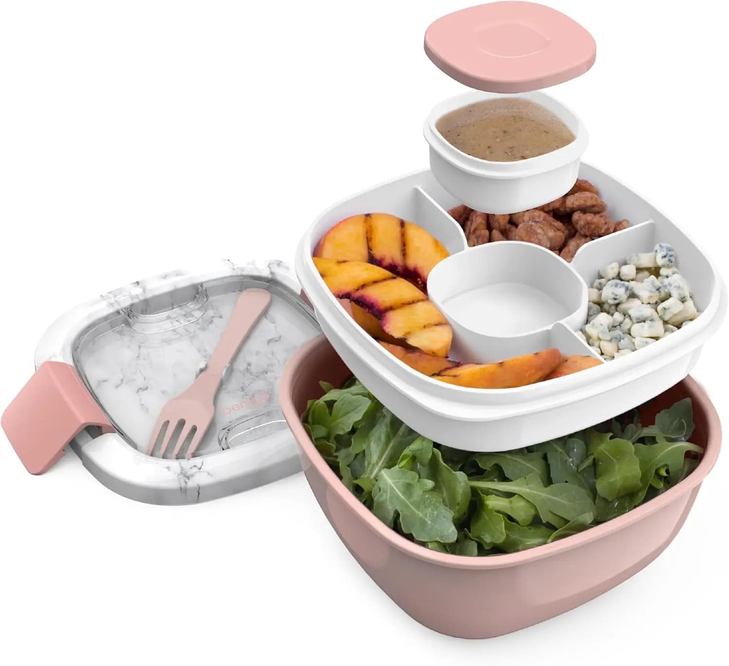 Ciotola per Insalata da 54 oz con Vassoio a 4 Scomparti, Contenitore per Condimenti e Forchetta, Contenitore per Alimenti Senza BPA, Ermetico e Impilabile
