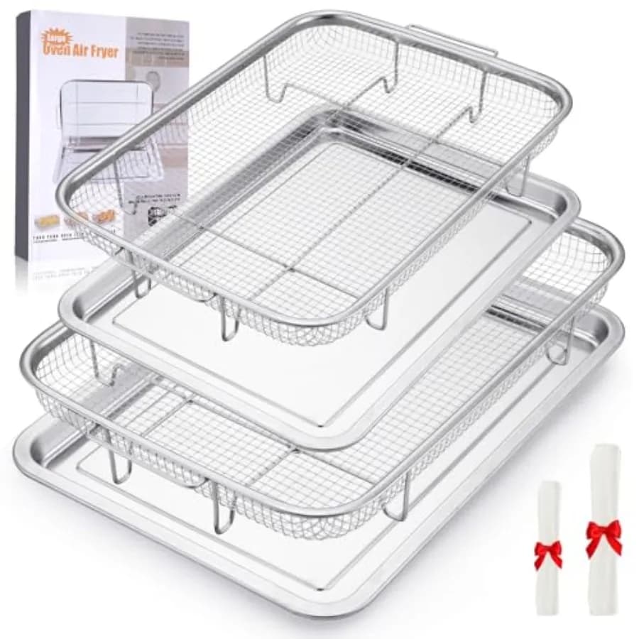 Set di 2 Cestelli per Friggitrice ad Aria da Forno con 60 Fogli di Carta Forno, Teglia e Cestello in Acciaio Inossidabile per Friggitrice ad Aria