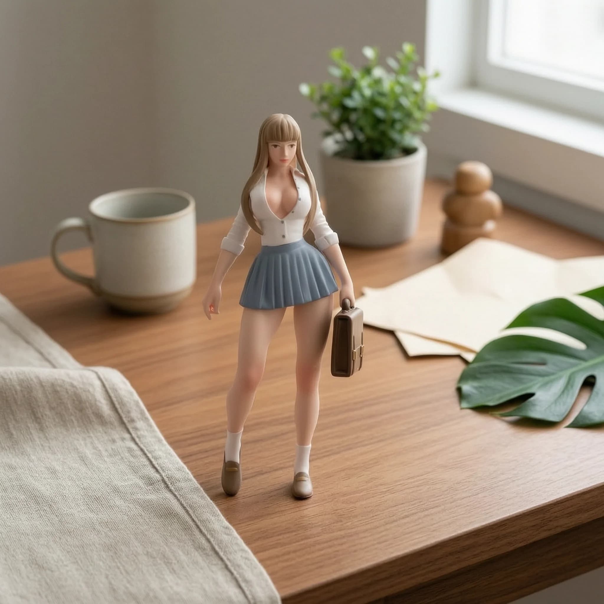 Hand-Painted Girl Figurine Resin Display Doll Figure Collectible Pleated Skirt Home Decor Small Handbag