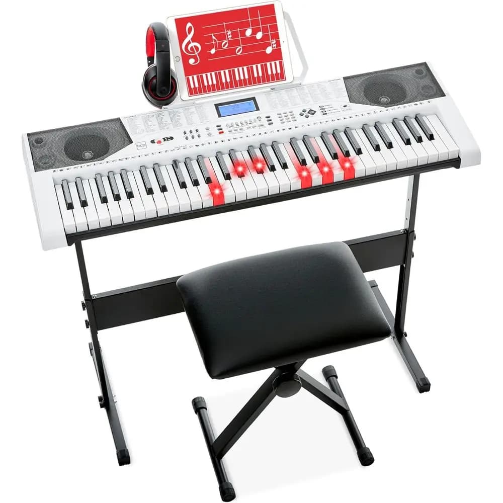 61 Key Complete Electronic Piano Keyboard Set For Beginners Lighted Keys LCD Screen Headphones Stand Bench Teaching Modes Note Stickers Built-In Speakers White