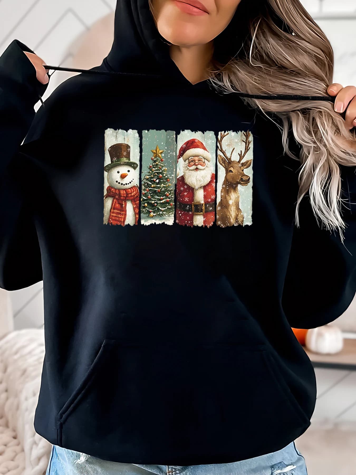 Felpa con cappuccio con stampa di pupazzo di neve di Natale, albero di Babbo Natale, da donna, casual, per le vacanze invernali, nera, taglie forti