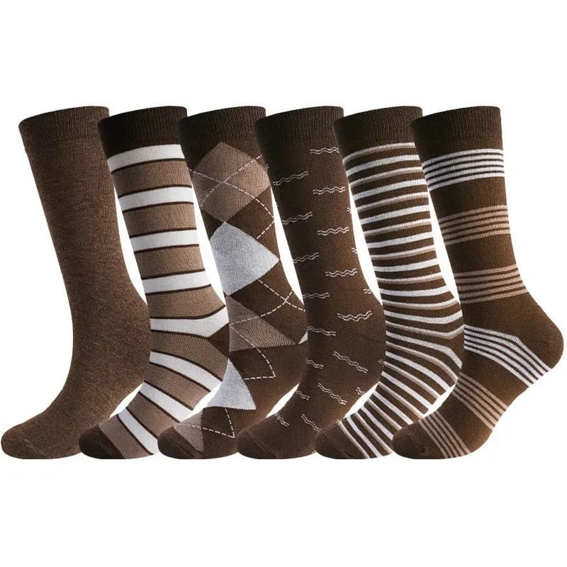 6 Pairs Vintage Brown Argyle Striped Crew Socks, Retro Diamond Grid Business Casual Dress Socks for Men
