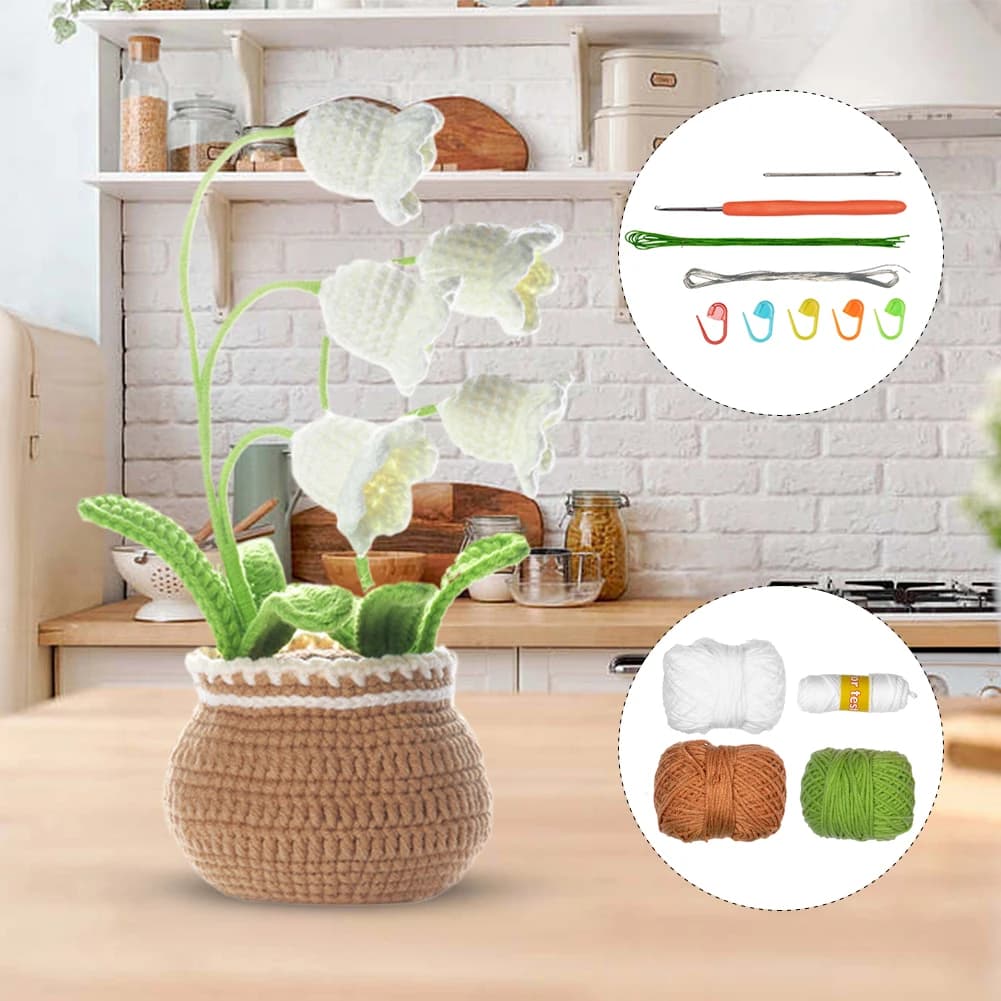 Set di Fiori Lavorati all'Uncinetto con Video Tutorial, Kit per Fiori in Vaso, Materiale per Cucito Floreale, Forniture per Lavori a Maglia Fai-da-Te