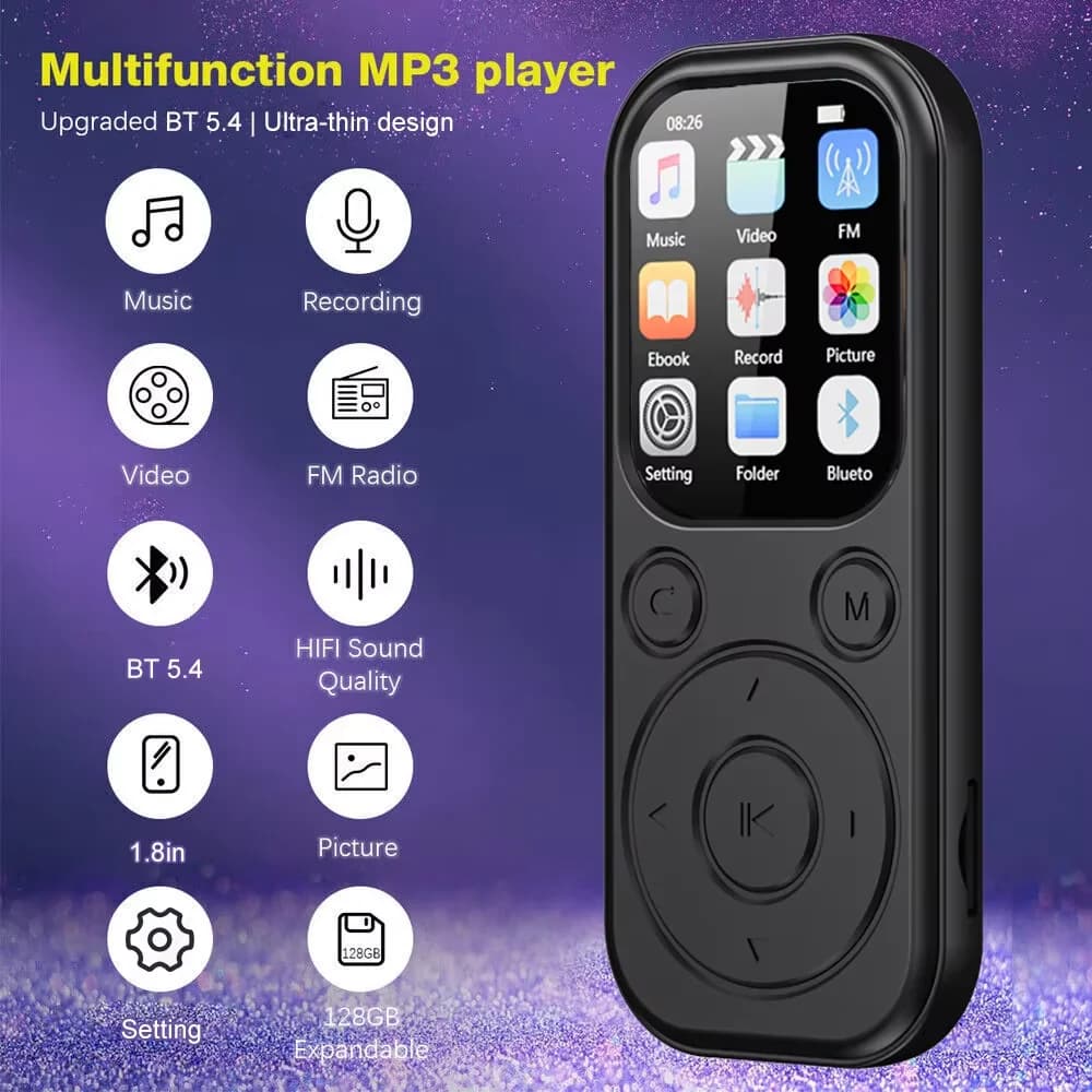 Lettore MP3 Bluetooth da 1,8 pollici Bluetooth 5.4 Walkman portatile compatibile con registrazione di e-book Radio FM Lettore musicale Scheda TF espandibile