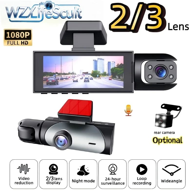 Three-lens dashcam, 1080p front camera and 720p rear camera, 170° wide-angle lens, starlight night vision, G-sensor auto-lock, 24-hour monitoring, supports up to 128GB of storage