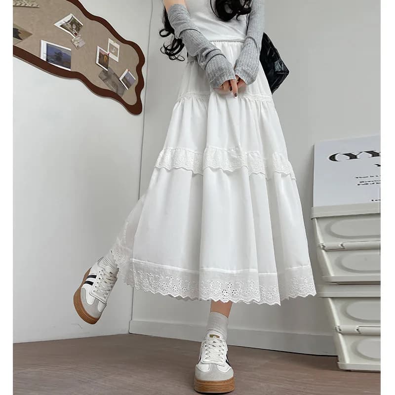 Gonna torta in pizzo bianco per donna, nuova gonna estiva a trapezio a vita alta di media lunghezza, mezza gonna gonfia piccola dimagrante