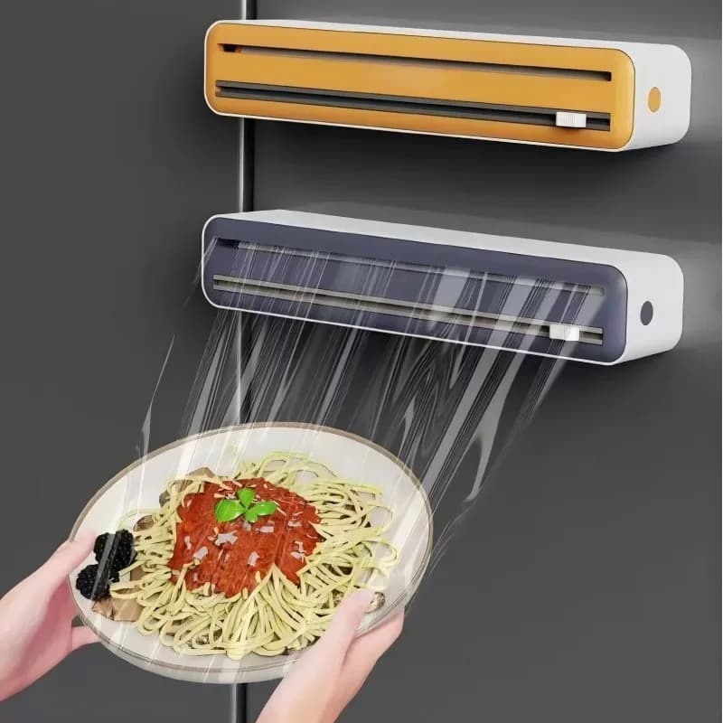 Large Size Plastic Wrap Dispenser with Cutter, Dual Slide Cutting Multifunctional Foil & Parchment Paper Cutter, Reusable Kitchen Film Sealing Machine, Compatible with Plastic Wrap, Aluminum Foil, Baking Paper & Wax Paper, Durable Plastic Material, Stylis