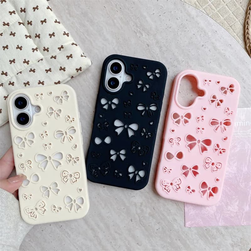 Korean Solid Color Silicone Phone Case Digs Out Bowknot for iPhone 16 Plus 15 14 13 Pro Max Shock Protective Case