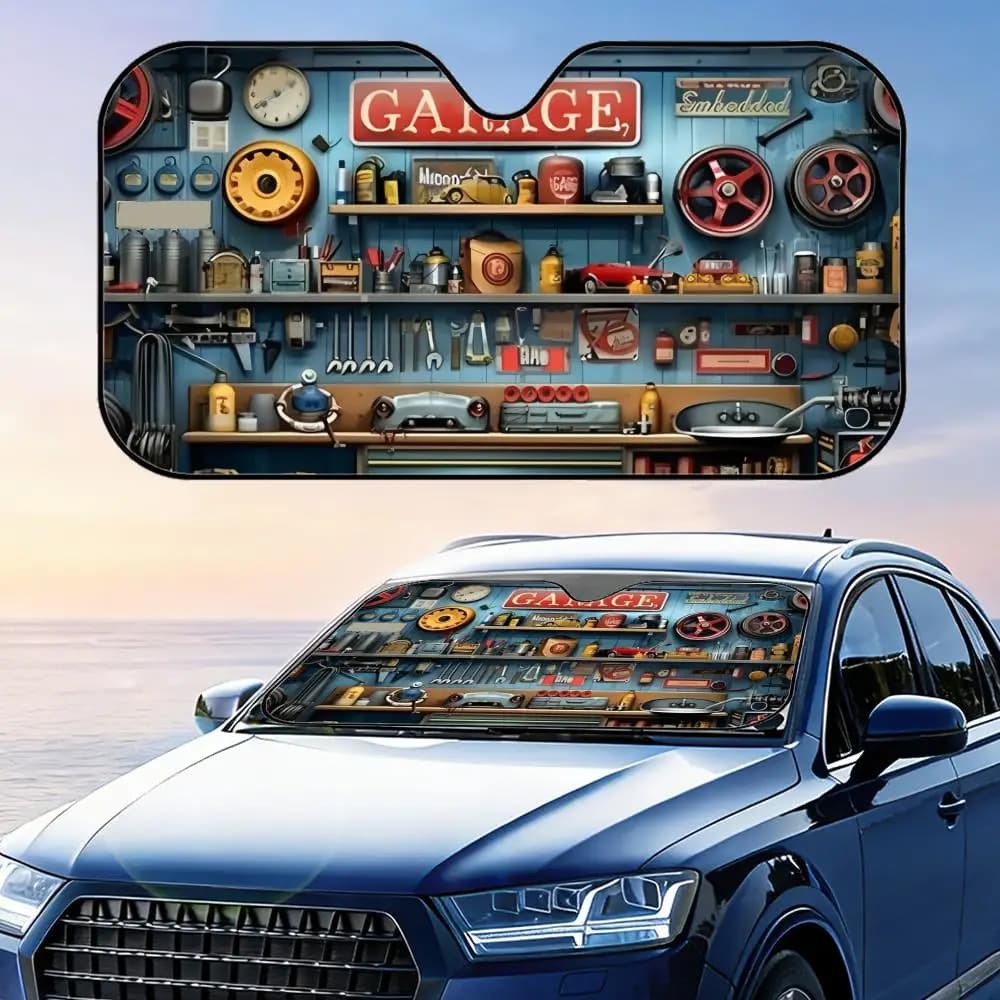 Parasole Pieghevole per Auto Stile Garage Tools, Protezione UV, Isolamento Termico Riflettente, Copertura Riutilizzabile