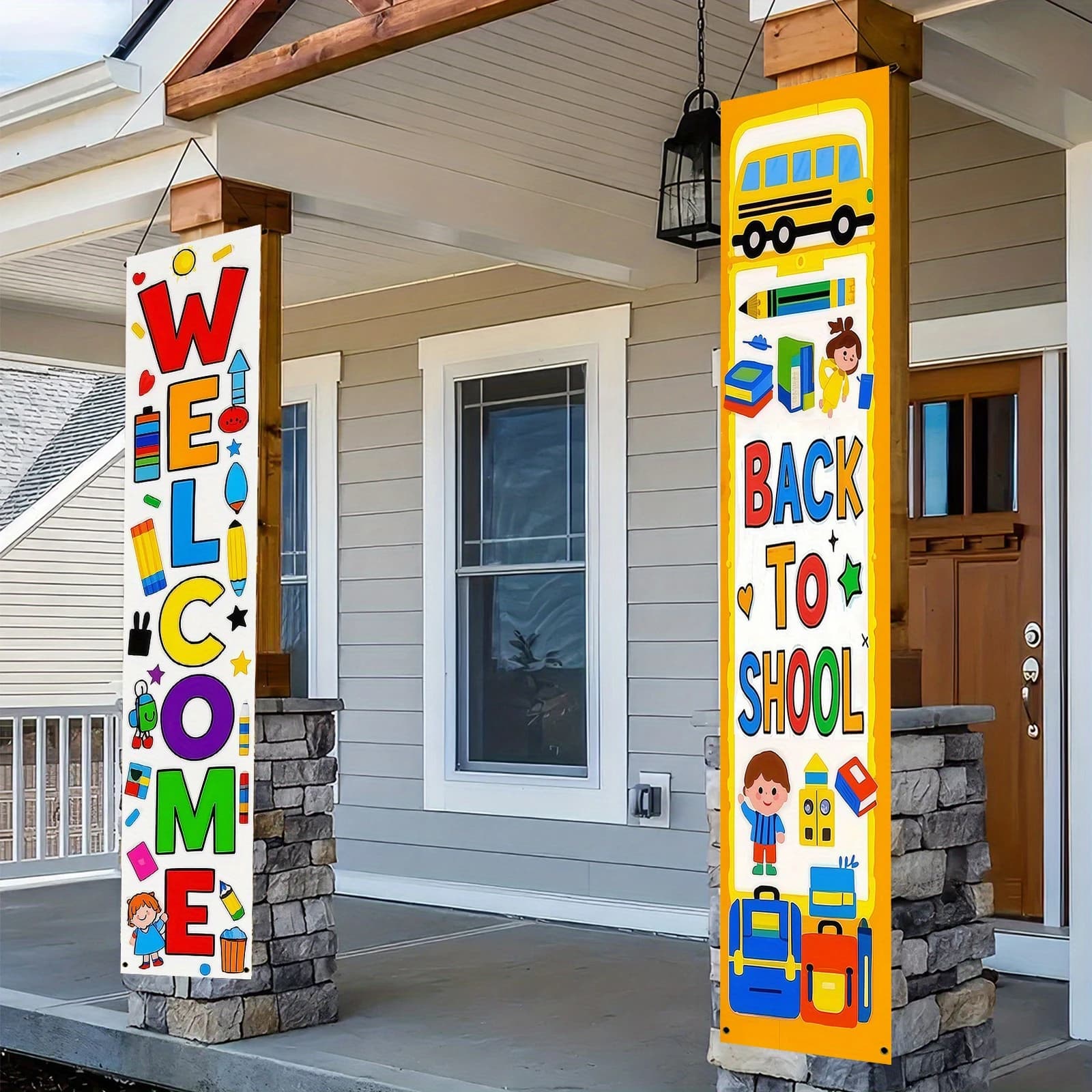 VIKAMA Welcome Back To School Porch Banner Cartoon School Bus Pencil Book Backpack Kids First Day Front Door Hanging Decor Set