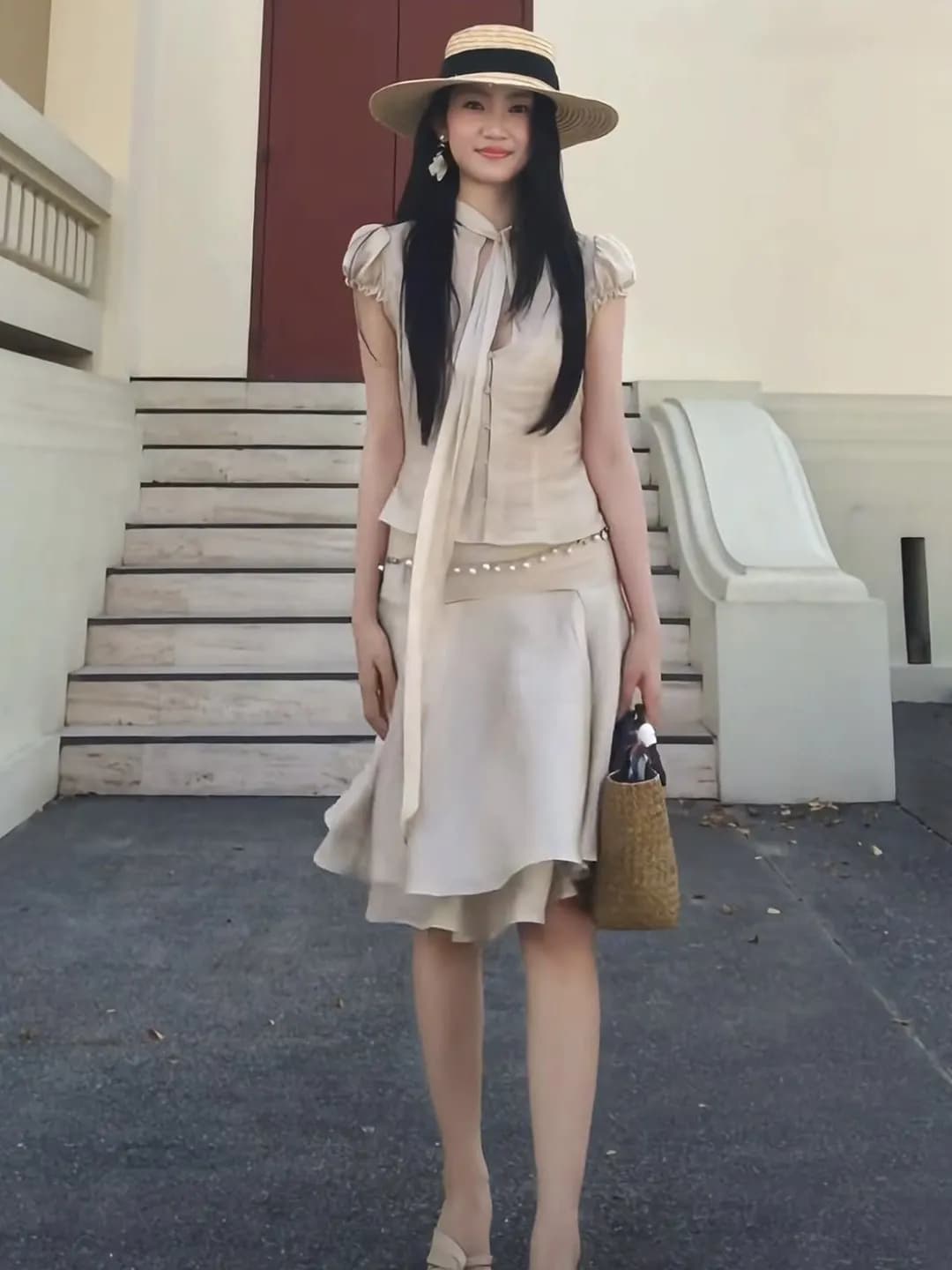 Elegant Sweet Girl Chiffon Two-Piece Set Belted Short Sleeve V-Neck Waist-Cinched Slim Fit Top A-Line Midi Skirt
