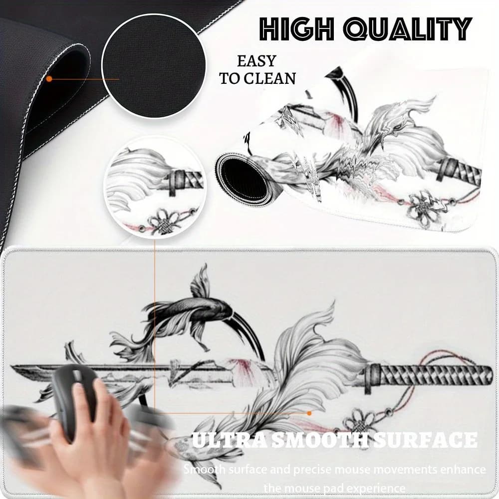 Tappetino per Mouse da Gaming XXL con Motivo 2D Spada e Carpa, Grande Tappetino da Scrivania per PC e Ufficio in Stile Anime