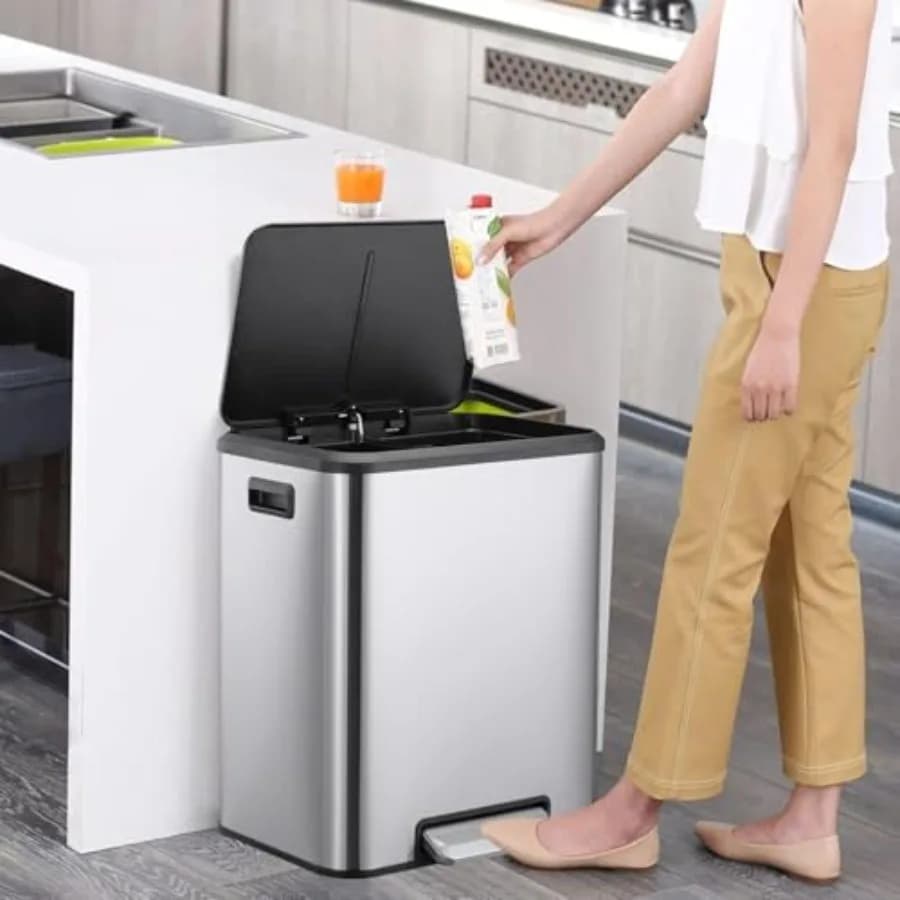 2 x 4 Gallon Dual Trash Can and Recycling Bin, Stainless Steel Step Can with Soft Close Lid and Removable Inner Buckets, Space-