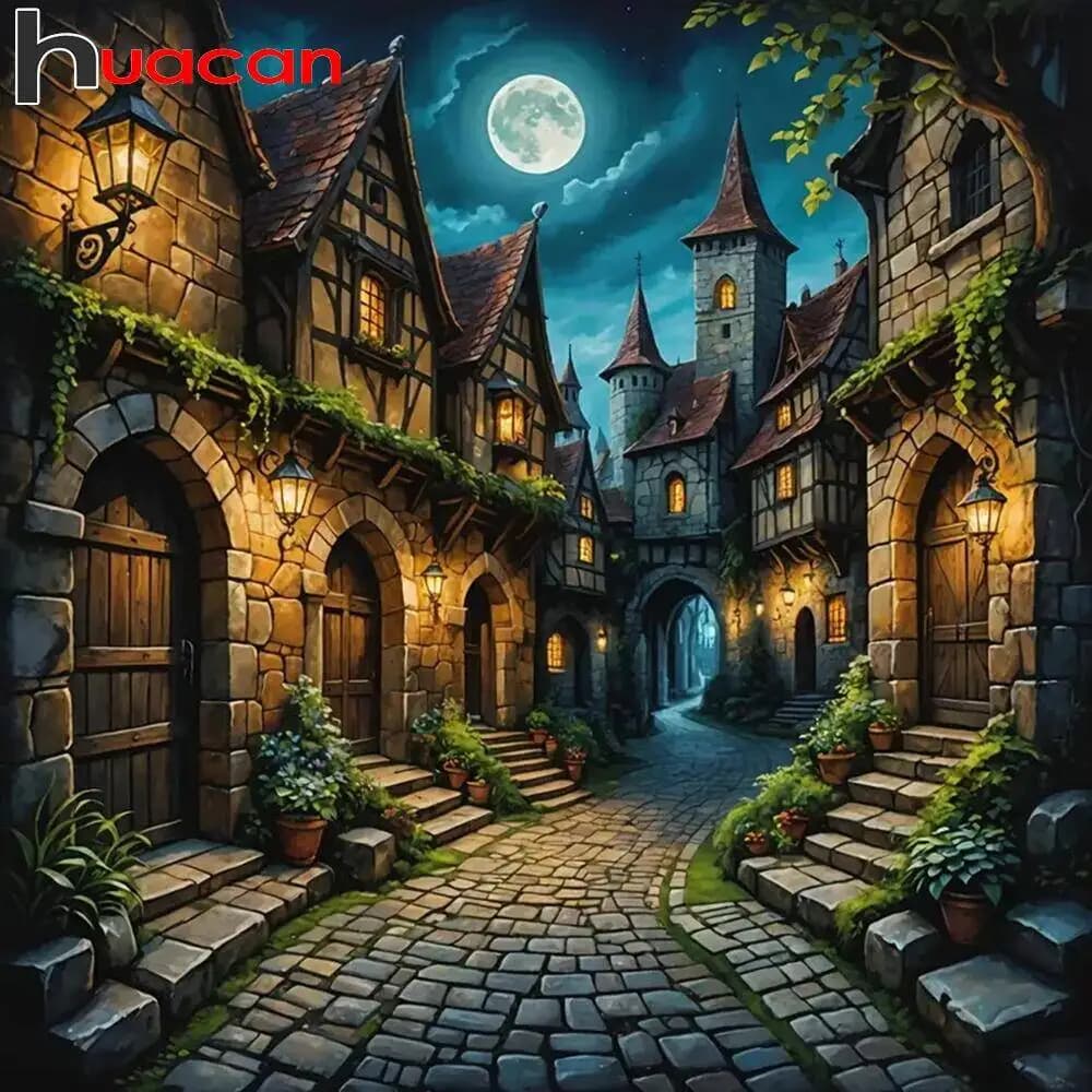 Huacan Diamond Mosaic Full Square Round Street Landscape Diamond Paintings Pictures Cross Stitch Sets Wall Decor Living Room