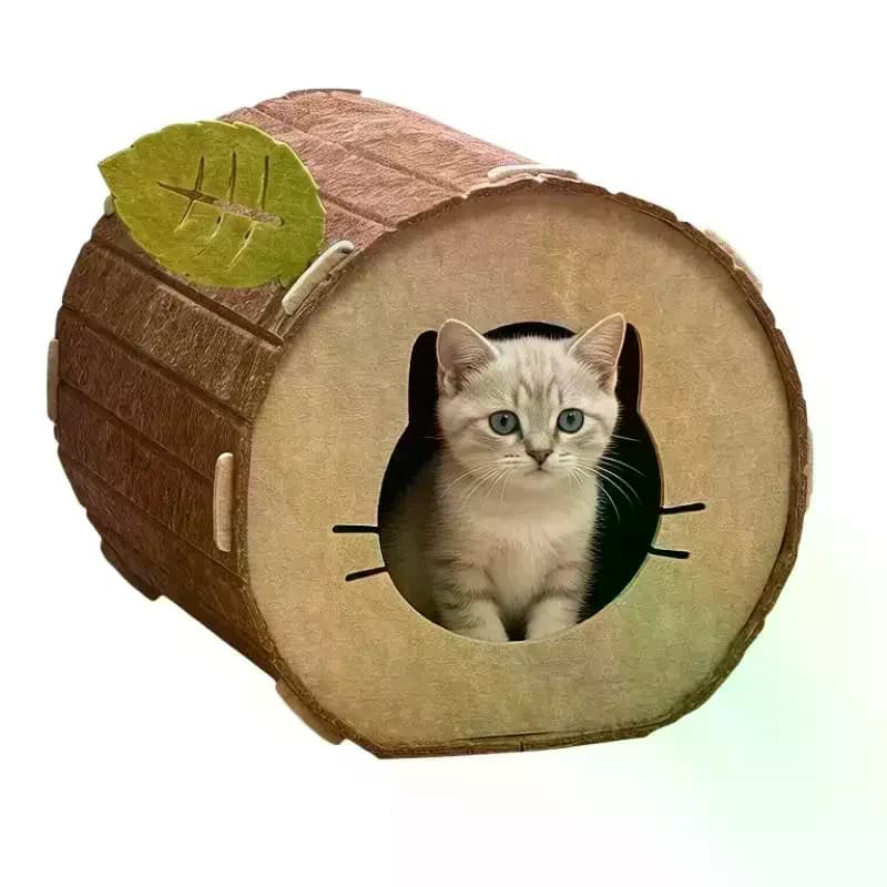 Washable Felt Cat Cave Bed Cute Tree Stump Design Soft Warm Interior For Indoor Cats Kittens Cozy