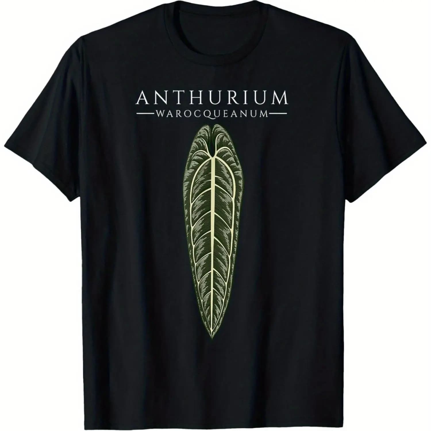 Men's Plant Print T-Shirt- Exclusive for Monstera and Anthurium Lovers- Black Loose Fit Anti-Shrink Plant Pattern T-Shirt