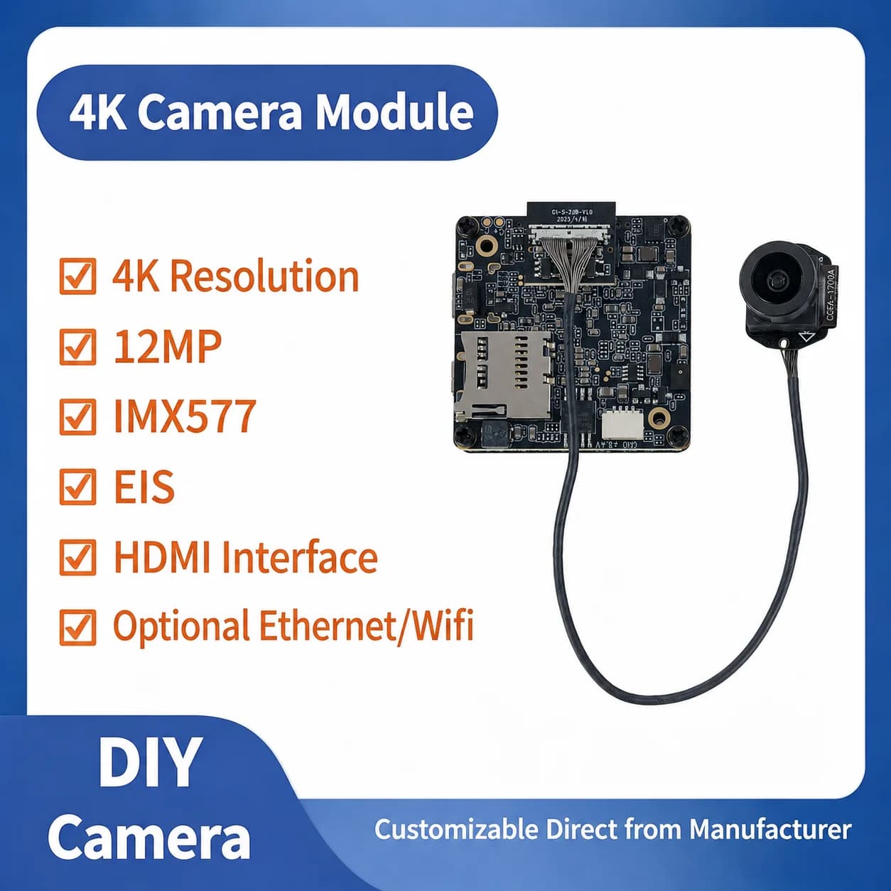 IMX577 4K 30FPS 12MP 1/2.3 " WiFi Ethernet Camera Module EIS Wearable DIY Camera with HDMI 16cm Cable(Not Surveillance Camera)