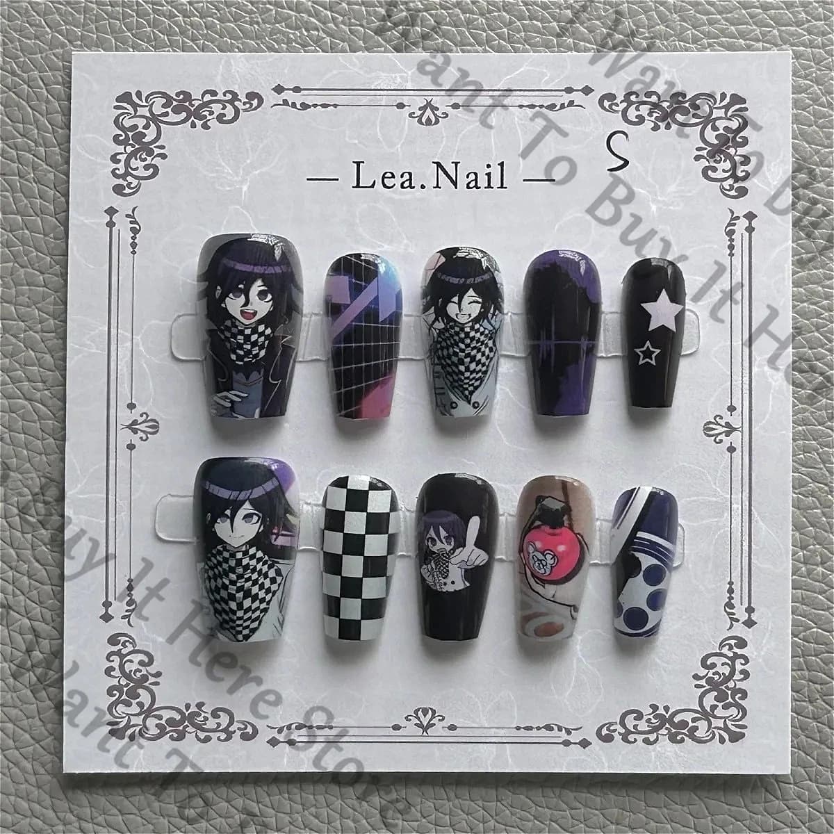 Anime Danganronpa Kokichi Ouma Cosplay Cartoon Press-on Nail Accessorio Manicure Fatto a mano Ornamento per unghie finte Collezione Regalo