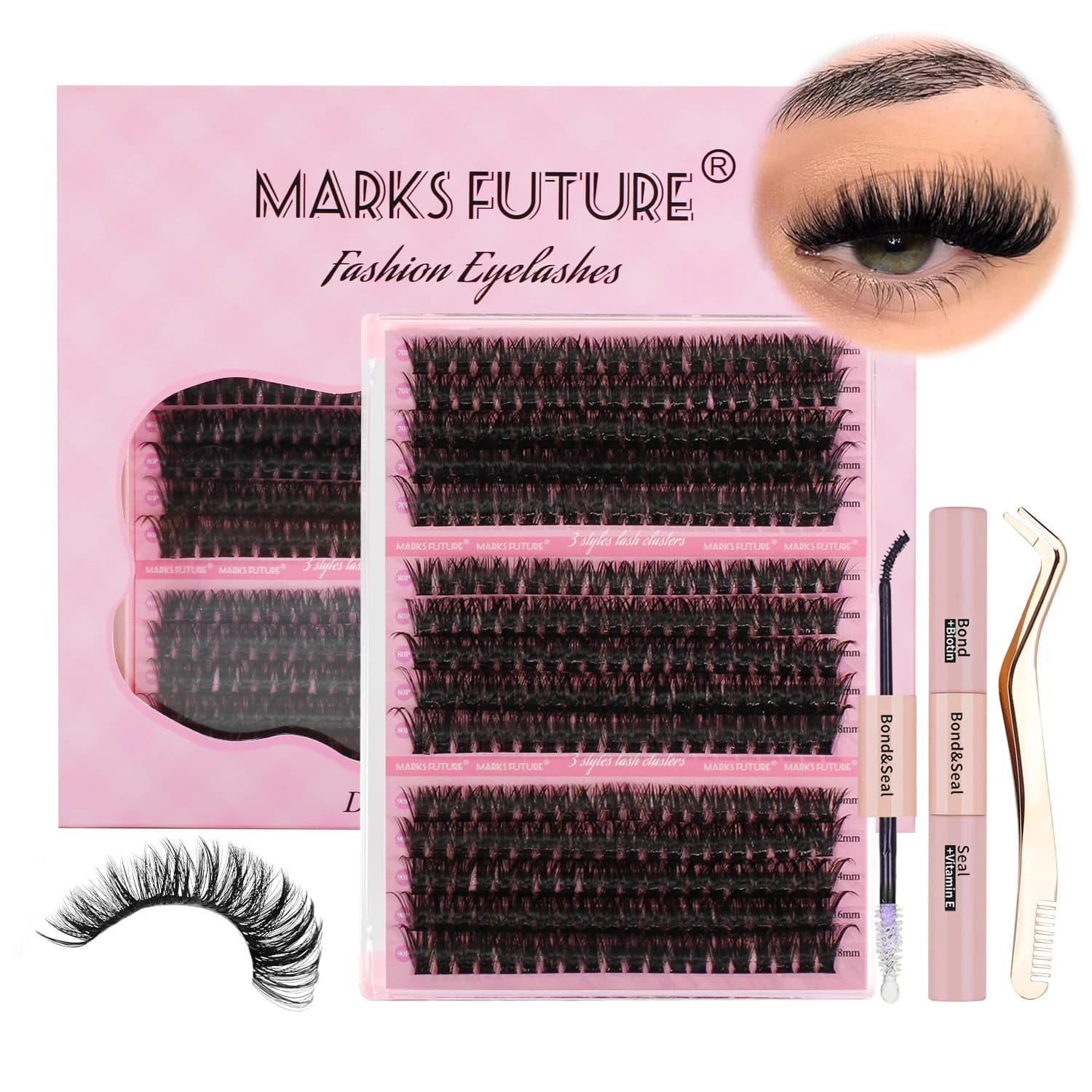DIY 300-piece extension set for single eyelashes D Extension set for curly eyelashes with eyelash sticker and sealing tool for automatic application (kit, 70D+80D+90D-9-16Mix)