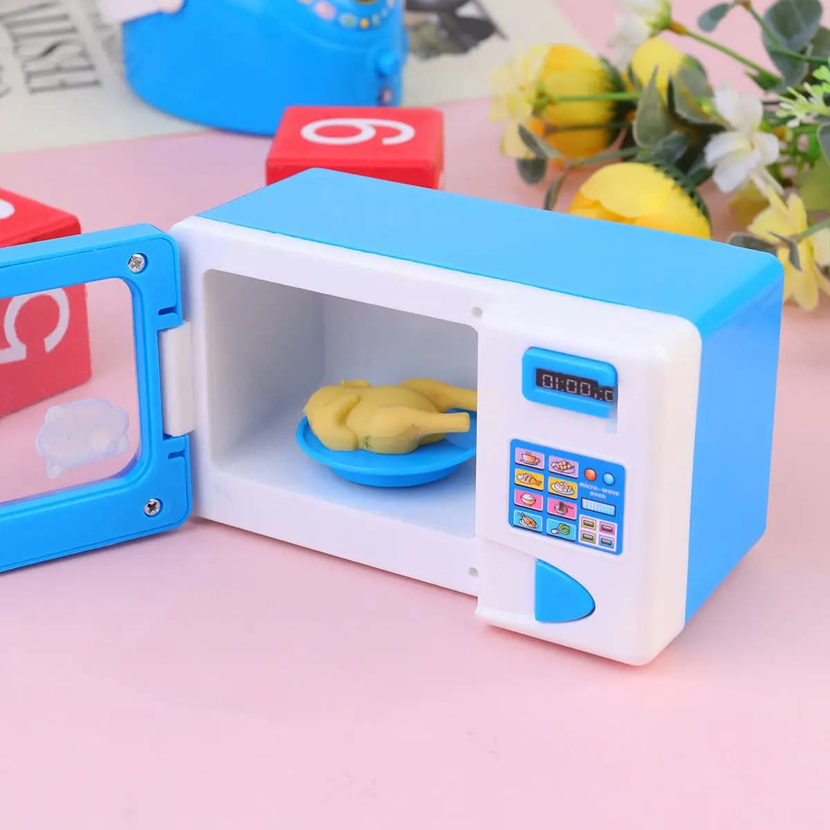Set Gioco Educativo di Simulazione Microonde Blu, Elettrodomestici Giocattolo per Bambini, Regalo Creativo per Bambini in Età Prescolare, Decorazione per Feste