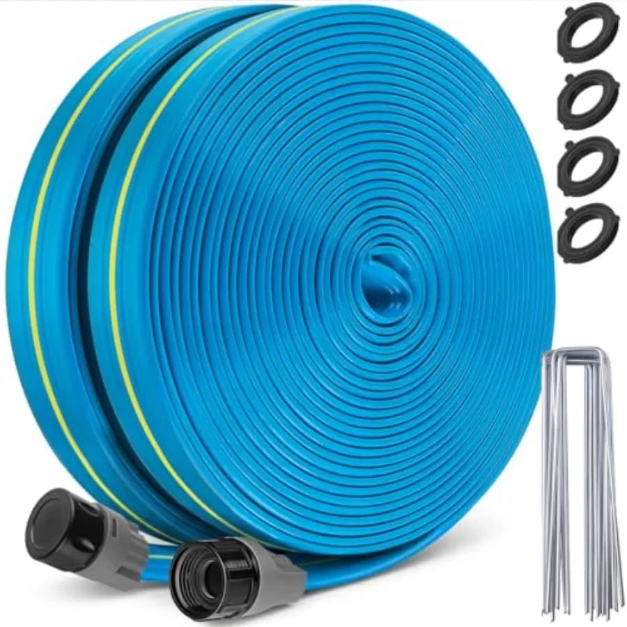 Upgrade Flat Sprinkler Soaker Hose for Garden 100FT, Heavy Duty 3-Tube Lawn Irrigation Hose with Landscape Stakes, No-Kink Flex