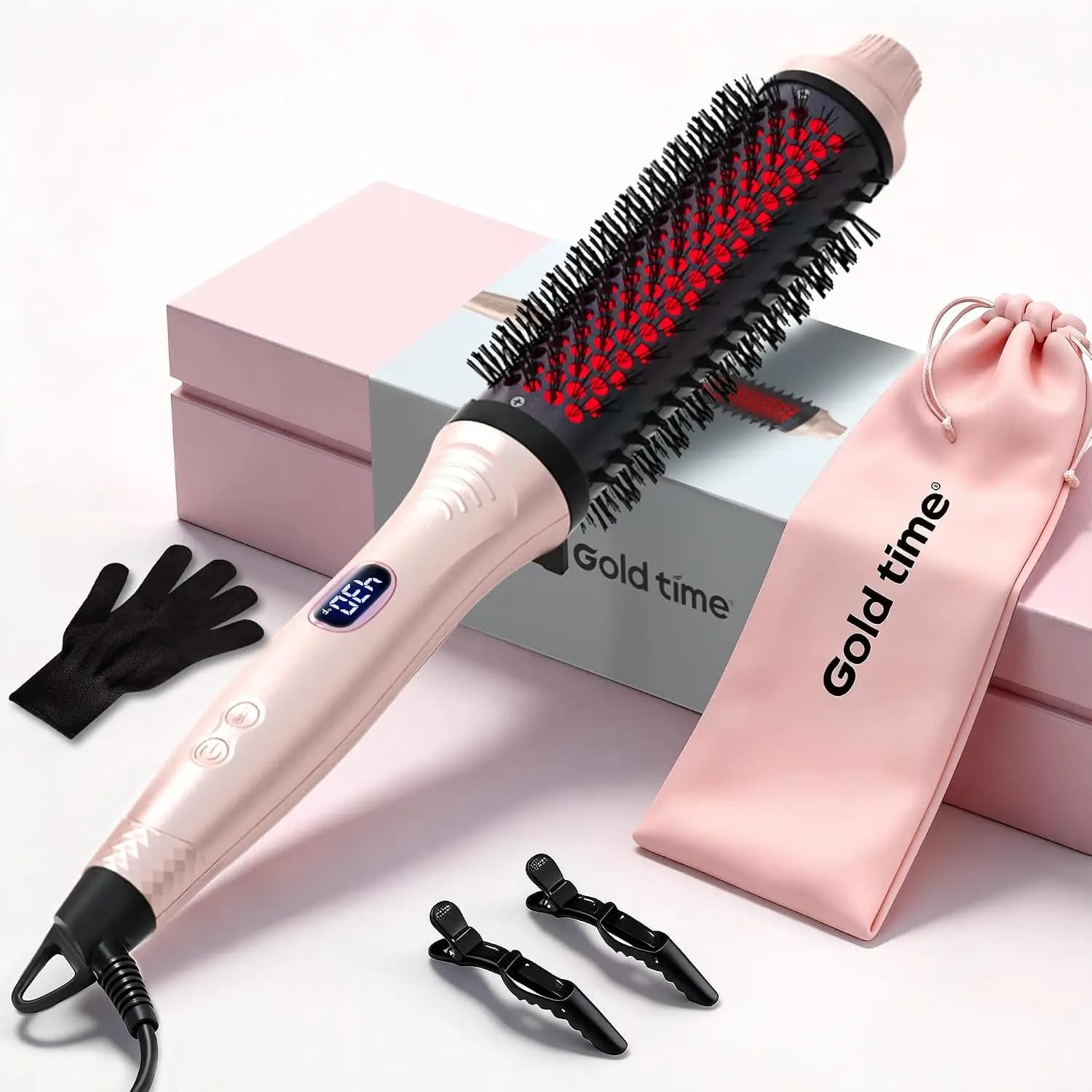1.6 Inch Ionic Heated Round Brush Hair Straightener & Curler, 6 Heat Settings, LED Display, Dual Voltage, Auto Shut-Off, Pink
