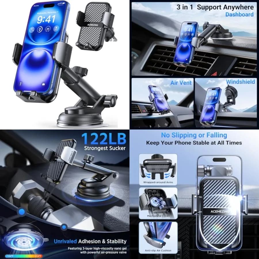 Supporto per telefono da auto 3-in-1 [122+ libbre di forza di aspirazione e braccio di fissaggio stabile] 360 ° Supporto regolabile per telefono da auto, porta cellulare per