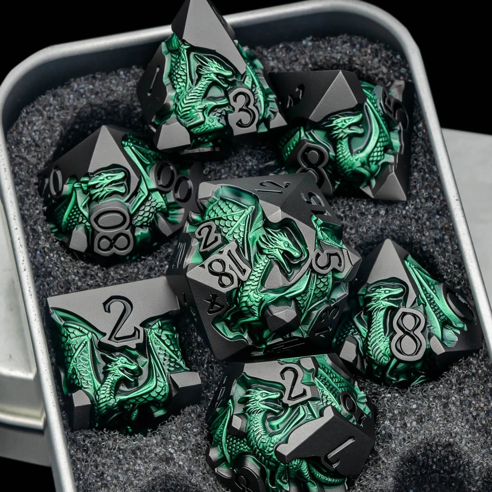 Dragon Dice Set DND for Role Playing Game, Metal Dice Set D&D Dungeons and Dragons, Polyhedral Dice D20 D12 D10 D8 D6 D4, Green