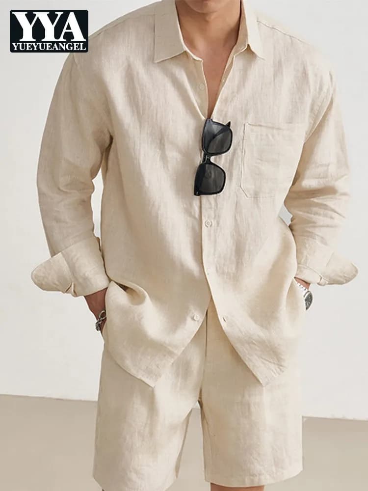 Summer Mens 100% Linen Long Sleeve Shirt Top Knee Length Shorts Two Piece Set Casual Beach Matching Sets Loose Fit Holiday Suit