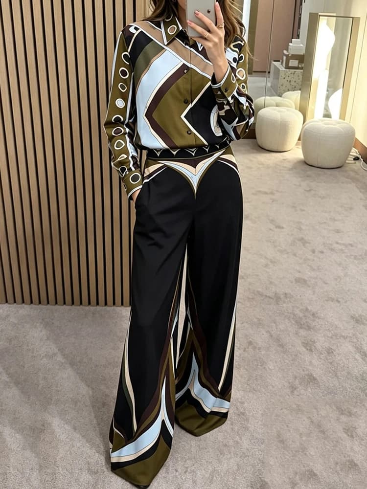 Retro geometric positioning printed silk shirt two-piece set 2026 autumn women's clothing+loose wide leg pants fashion set