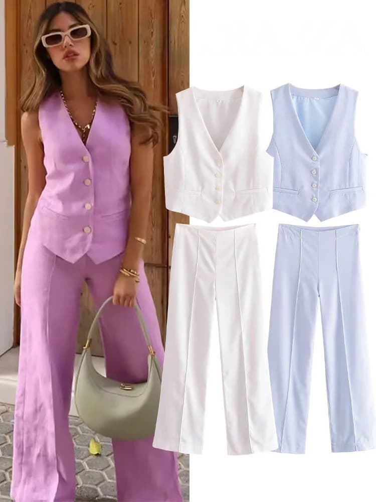 HH Fashion Female Three Solid Color 2-Piece Set Sexy V-Neck Sleeveless Linen Suit Jacket Vest Top ＋Slim Suit Wide Leg Pants